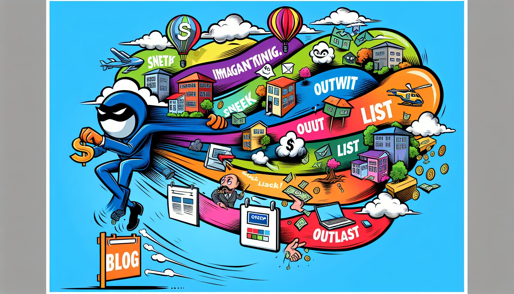 A realtor juggling marketing tools creatively.