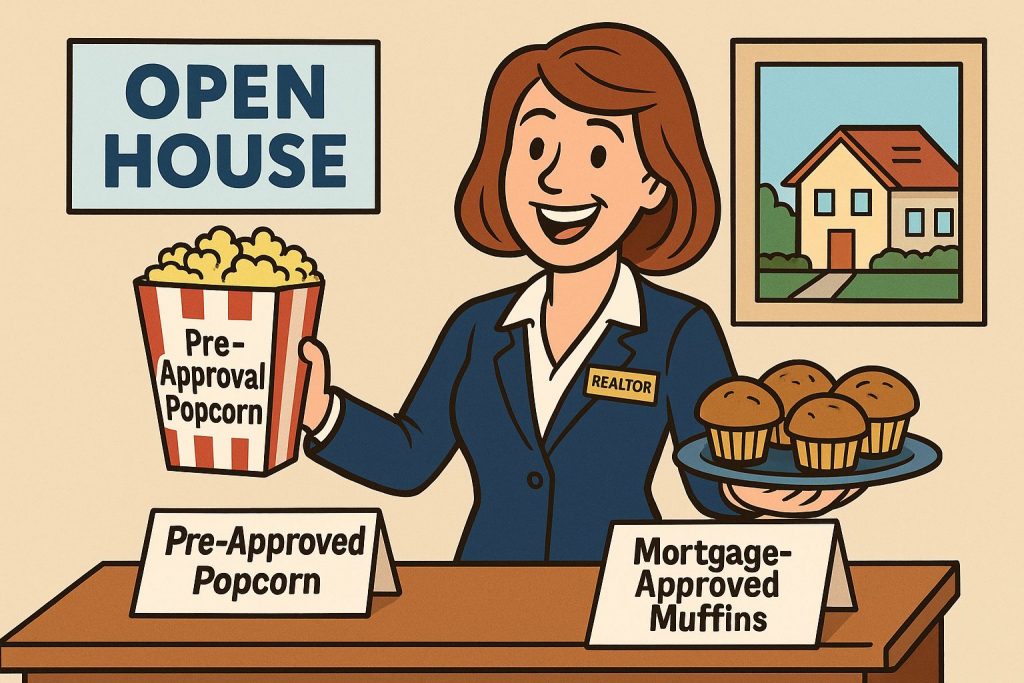 Cartoon Realtor at an open house serving “Pre-Approval Popcorn” and “Mortgage-Approved Muffins” as funny real estate snacks.