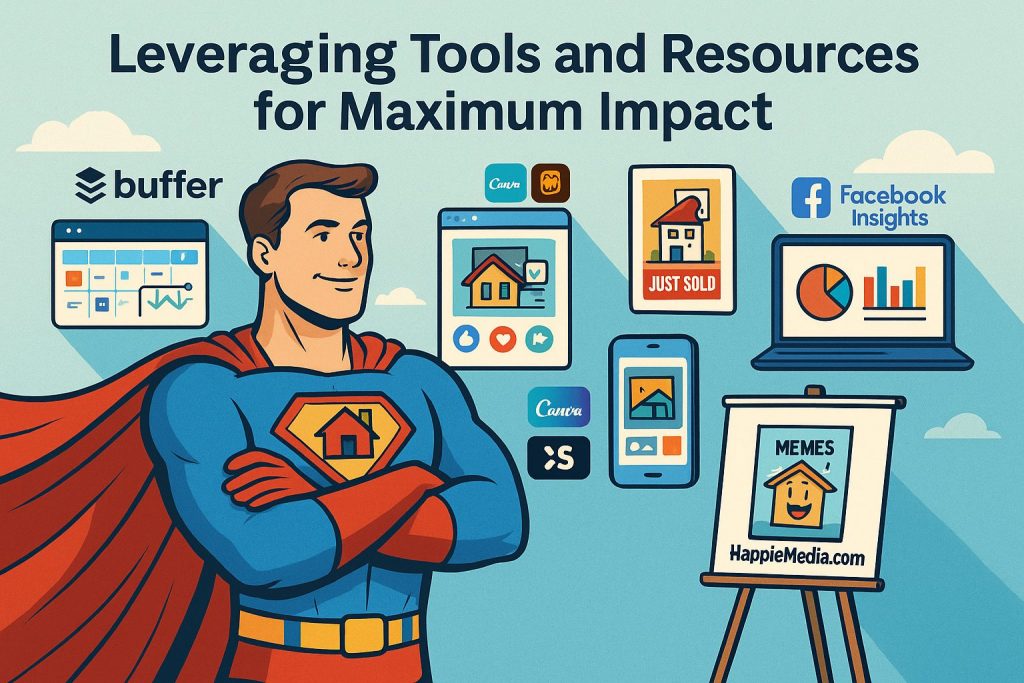 A colorful digital illustration of a confident real estate agent styled as a superhero, flying through a digital interface filled with icons representing tools like analytics, scheduling, and content creation. The background features graphs, social media icons, and branding elements symbolizing marketing success.