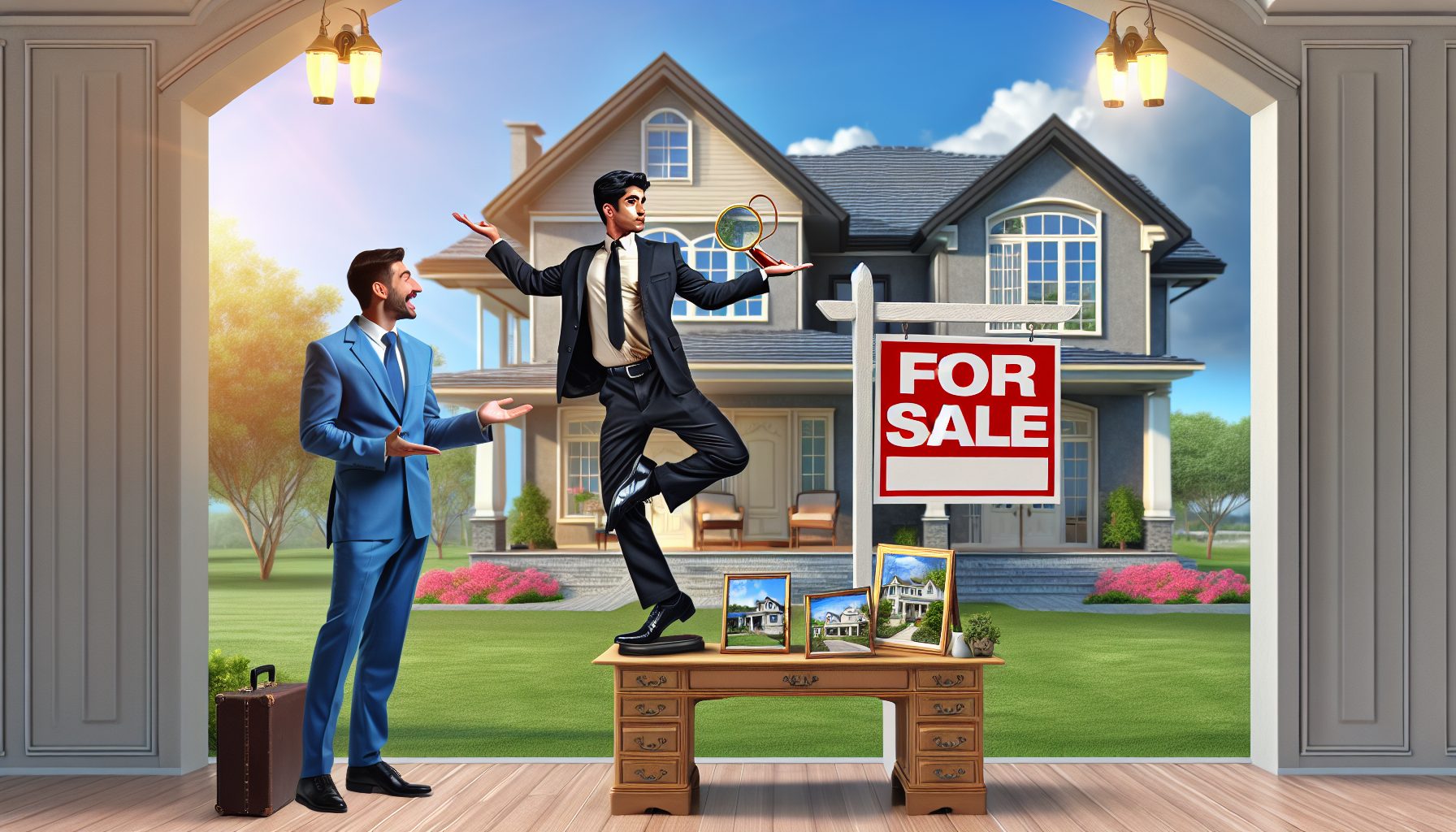 Cartoon realtor with a "For Sale" sign and silly grin.
